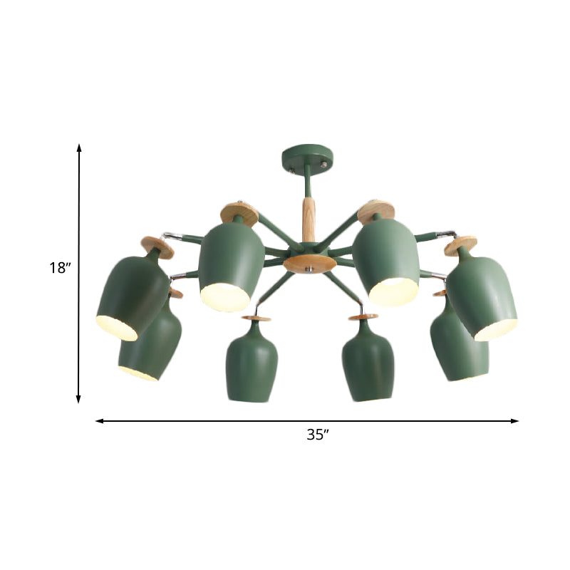 Contemporary Green Tulip Semi Flush Light Fixture with Iron Flushmount & Wood Detail - 6/8 Bulb Lighting