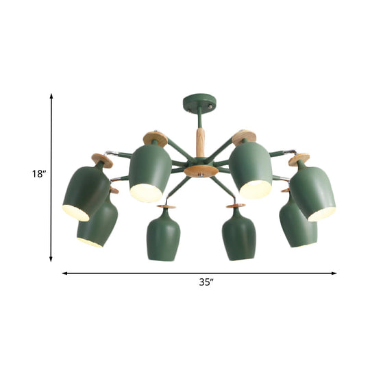 Contemporary Green Tulip Semi Flush Light Fixture with Iron Flushmount & Wood Detail - 6/8 Bulb Lighting