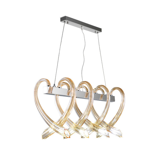 Heart-Shaped Chrome Island Light: Minimalist 8-Head Amber Glass Pendant For Restaurants