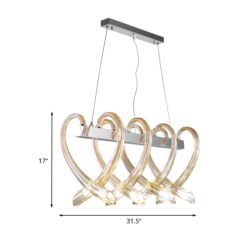 Heart-Shaped Chrome Island Light: Minimalist 8-Head Amber Glass Pendant For Restaurants