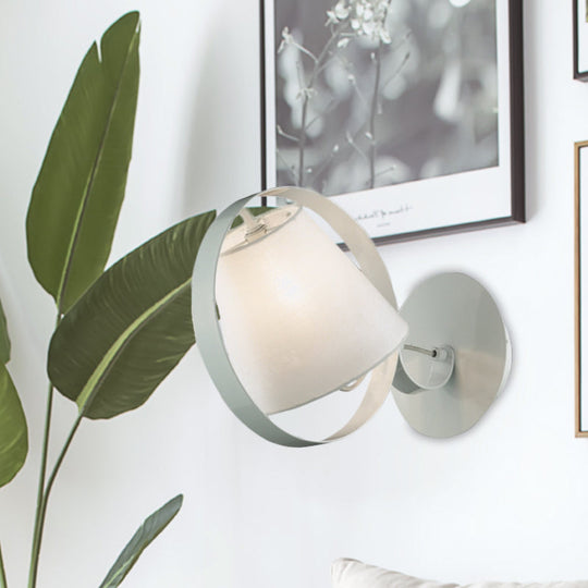 Minimalist Fabric Sconce Lamp: White Wall Light With Metal Ring 1 Bulb