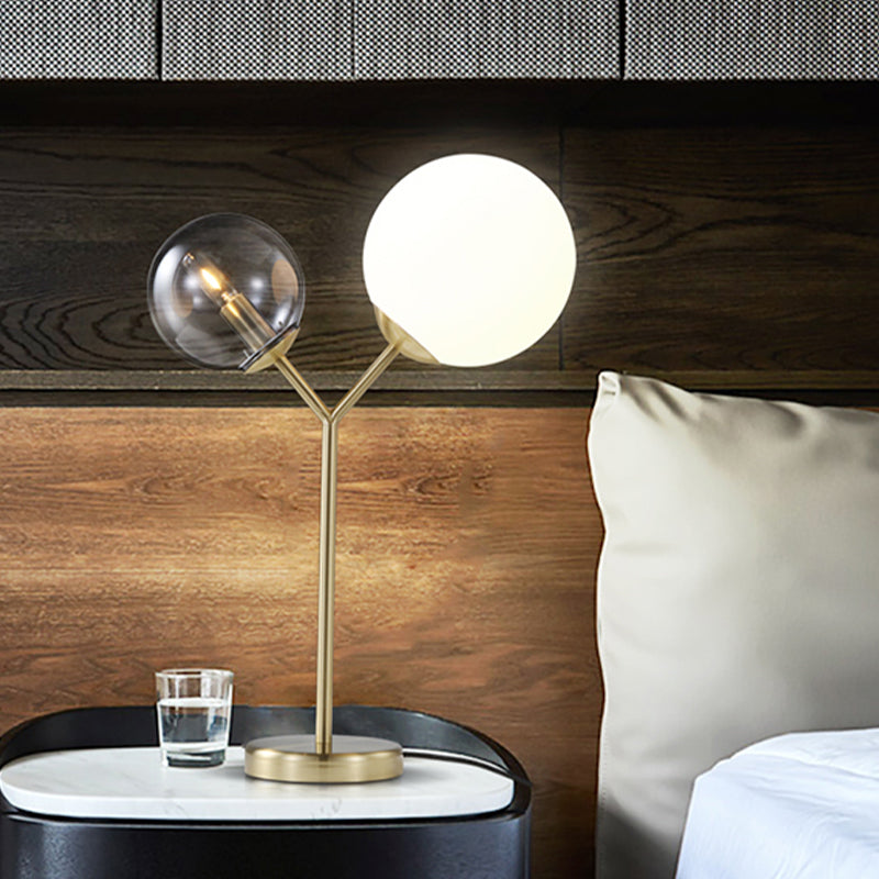 Modern Gold Led Branch Desk Lamp With Globe Grey And Cream Glass Bedroom Table Lighting