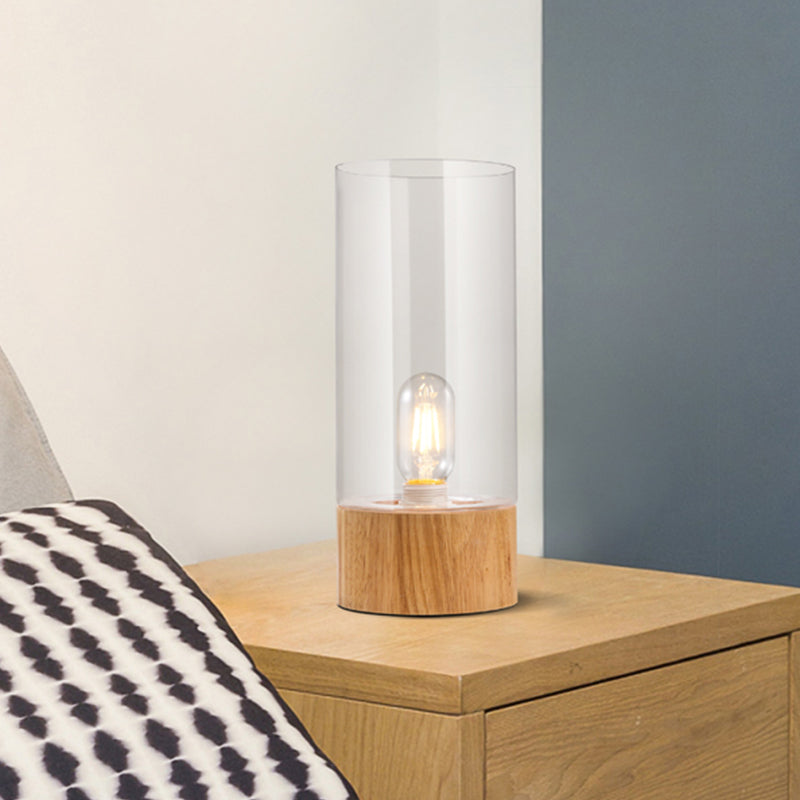 Cylinder Bedroom Desk Lamp - Clear Glass Led Reading Light With Wood Base