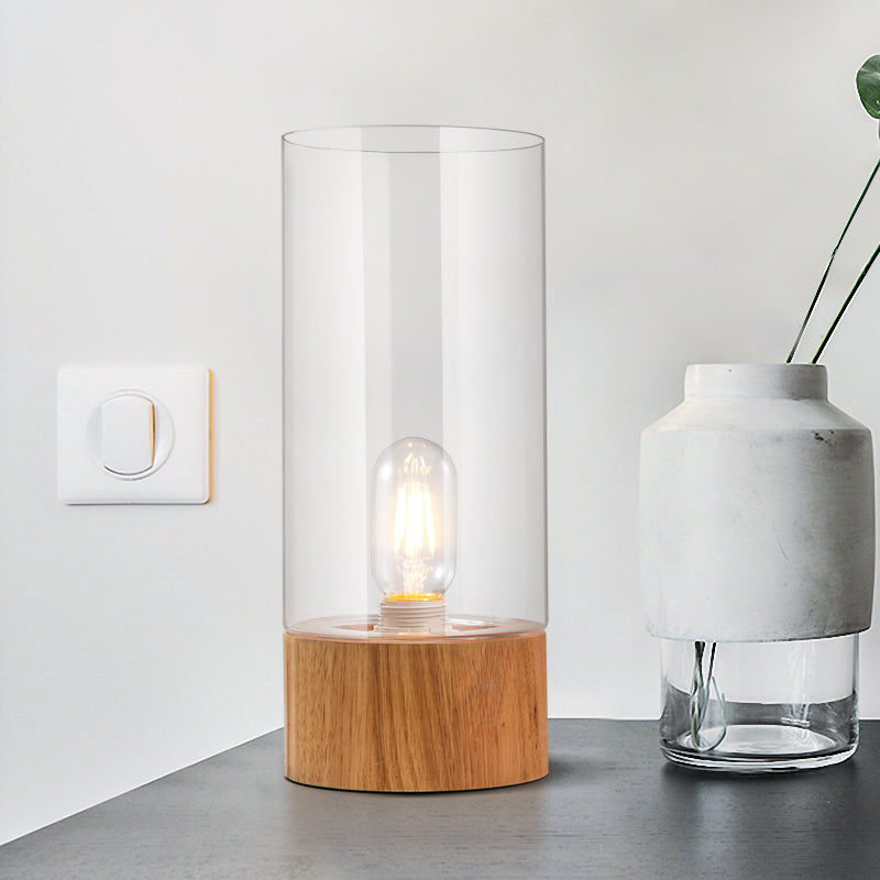 Cylinder Bedroom Desk Lamp - Clear Glass Led Reading Light With Wood Base