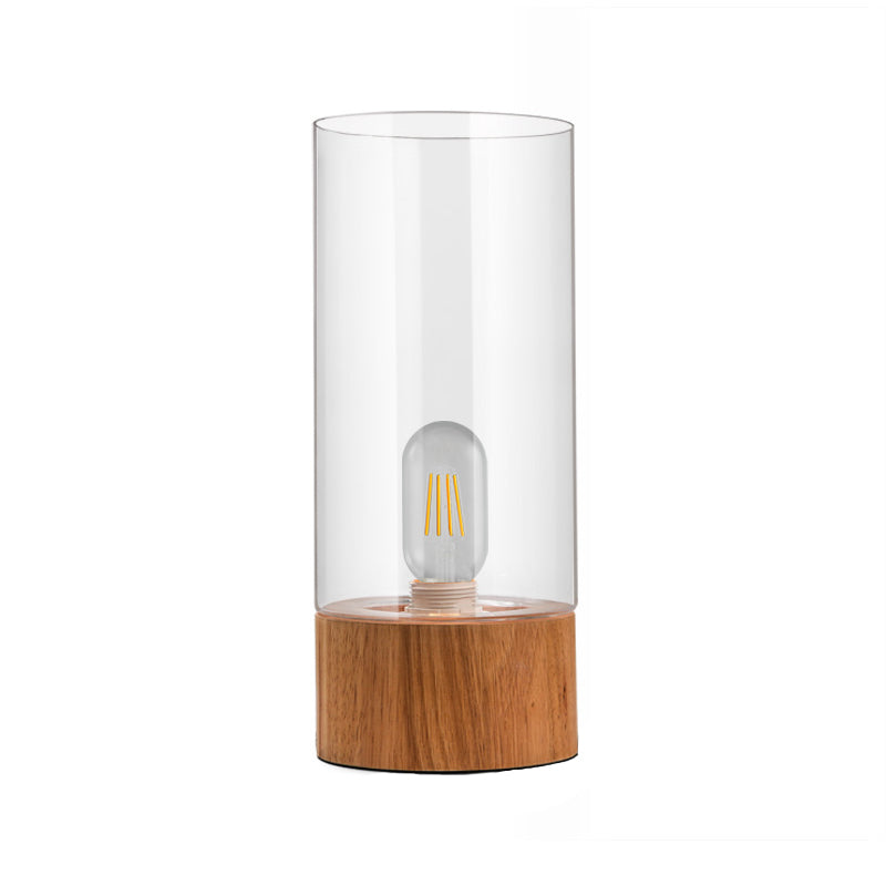 Cylinder Bedroom Desk Lamp - Clear Glass Led Reading Light With Wood Base