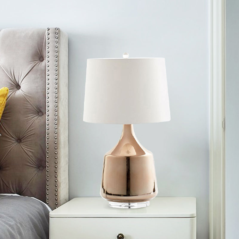 Modern Urn Table Lamp In Rose Gold With White Fabric Shade