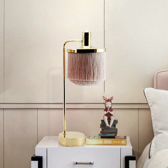 Modernist Pink Fabric Desk Lamp With Gold Arm - Tassels 1 Head Ideal For Bedside Or Night Table