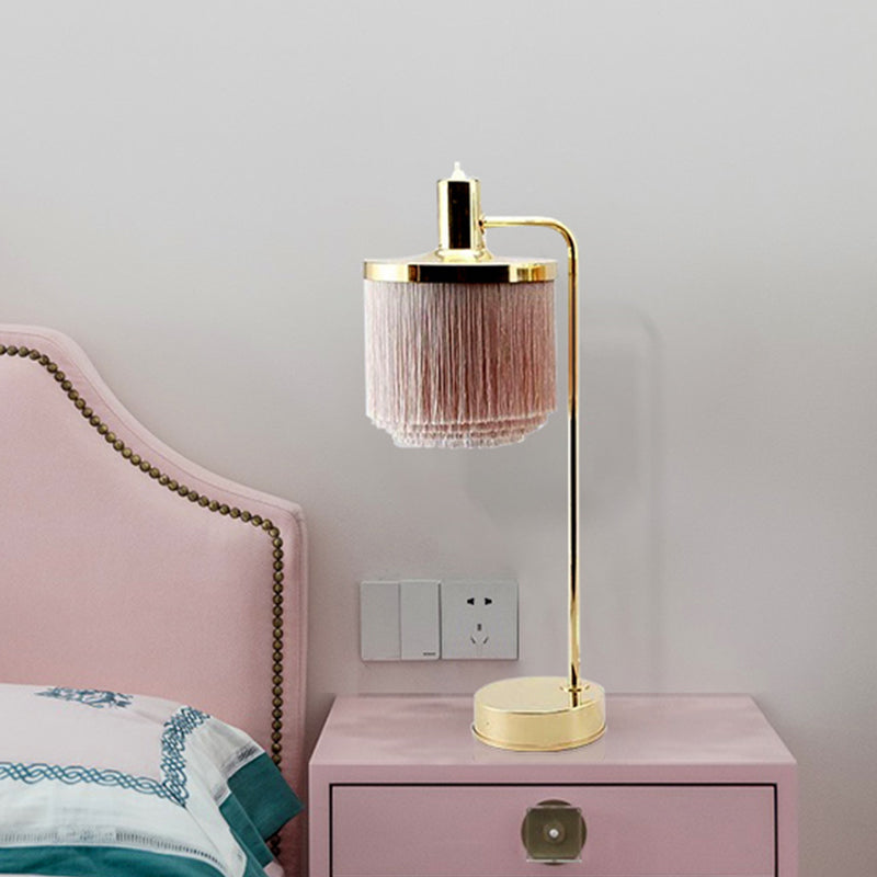 Modernist Pink Fabric Desk Lamp With Gold Arm - Tassels 1 Head Ideal For Bedside Or Night Table