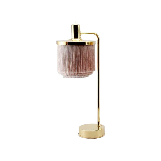 Modernist Pink Fabric Desk Lamp With Gold Arm - Tassels 1 Head Ideal For Bedside Or Night Table