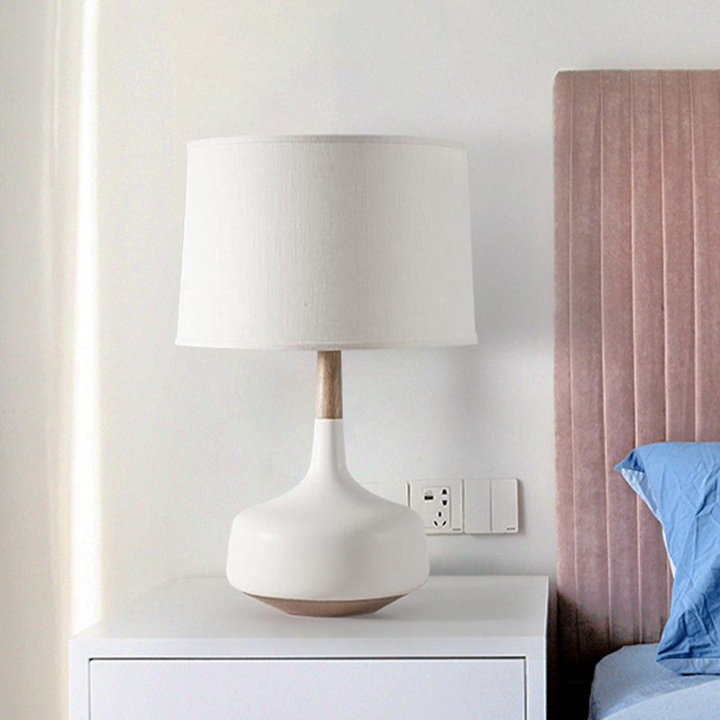 Minimalist White Drum Table Lamp With Fabric Shade - Perfect For Bedroom Desk