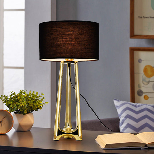 Modern Metal Tripod Table Light With Black Drum Fabric Shade Gold Finish