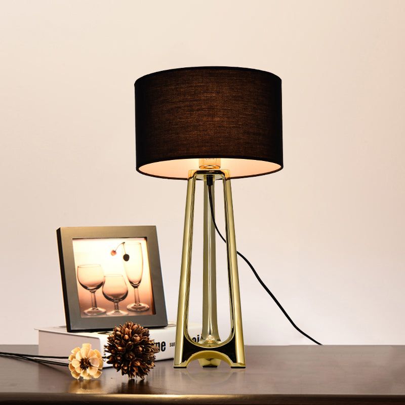 Modern Metal Tripod Table Light With Black Drum Fabric Shade Gold Finish