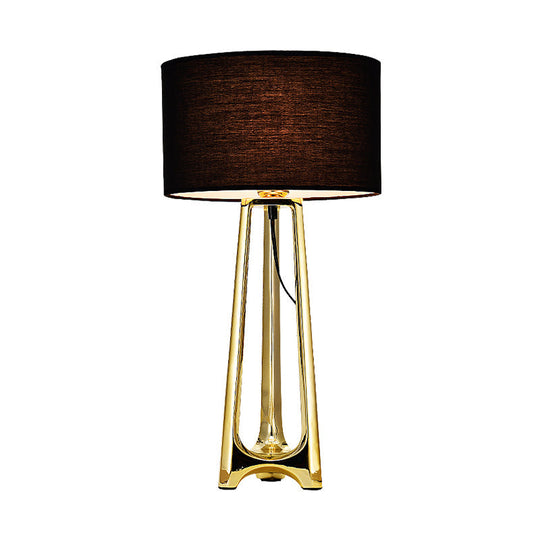 Modern Metal Tripod Table Light With Black Drum Fabric Shade Gold Finish