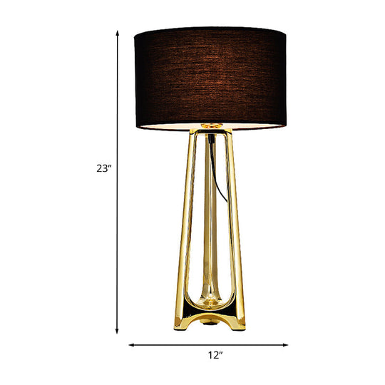 Modern Metal Tripod Table Light With Black Drum Fabric Shade Gold Finish