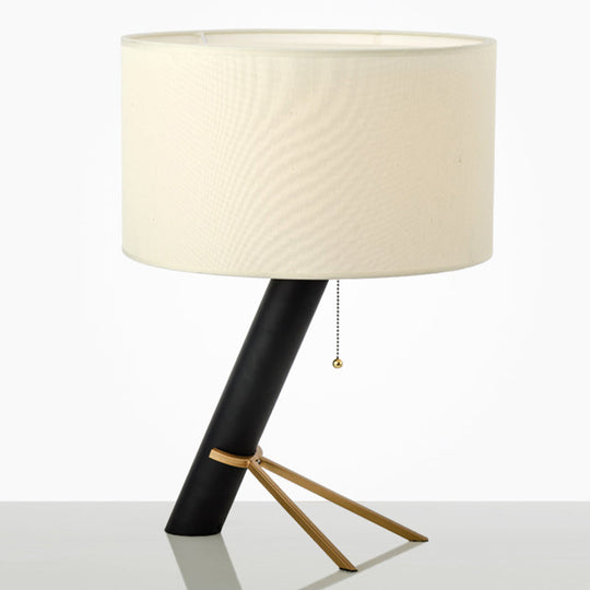 Modern Fabric Drum Shade Desk Light - White 1-Head Creative Table Lamp With Pull Chain For Study