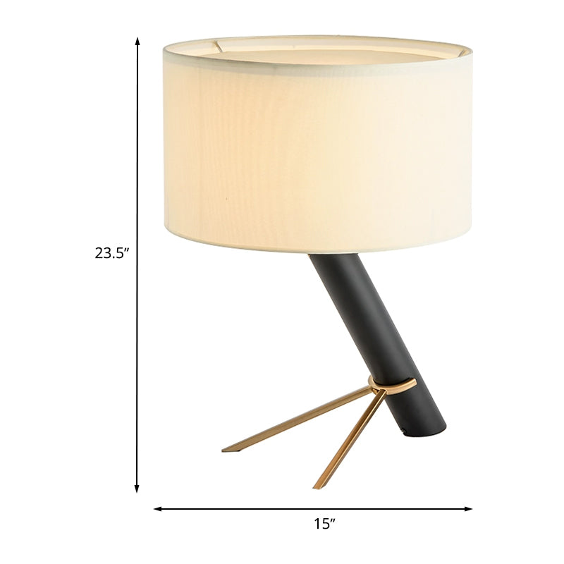 Modern Fabric Drum Shade Desk Light - White 1-Head Creative Table Lamp With Pull Chain For Study