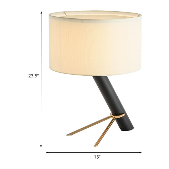 Modern Fabric Drum Shade Desk Light - White 1-Head Creative Table Lamp With Pull Chain For Study