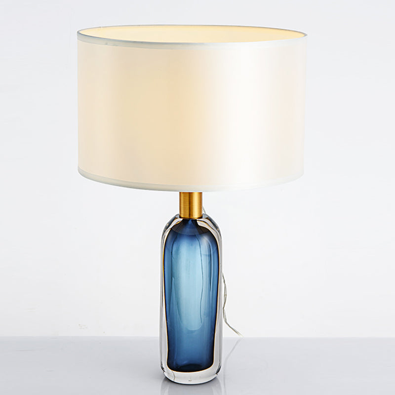 Modern Drum Table Lamp In White With Colored Glaze Base - Stylish Bedroom Desk Light