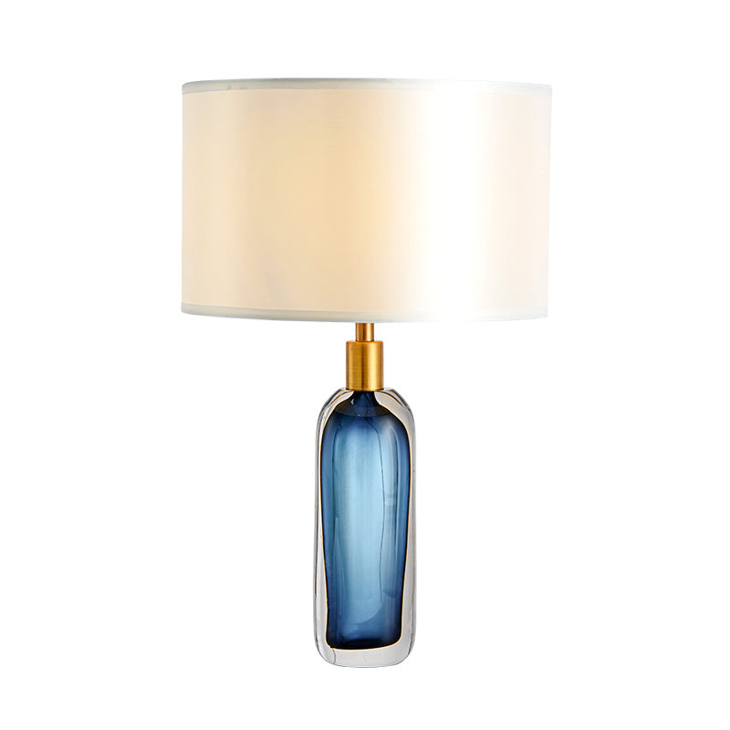 Modern Drum Table Lamp In White With Colored Glaze Base - Stylish Bedroom Desk Light