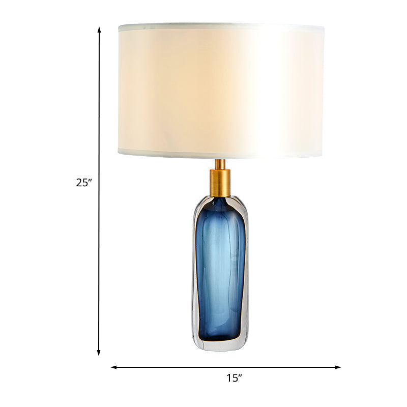 Modern Drum Table Lamp In White With Colored Glaze Base - Stylish Bedroom Desk Light