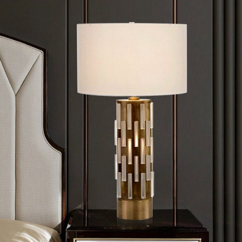 Modern White Drum Shade Table Light With Metal Base - Ideal For Bedside Use