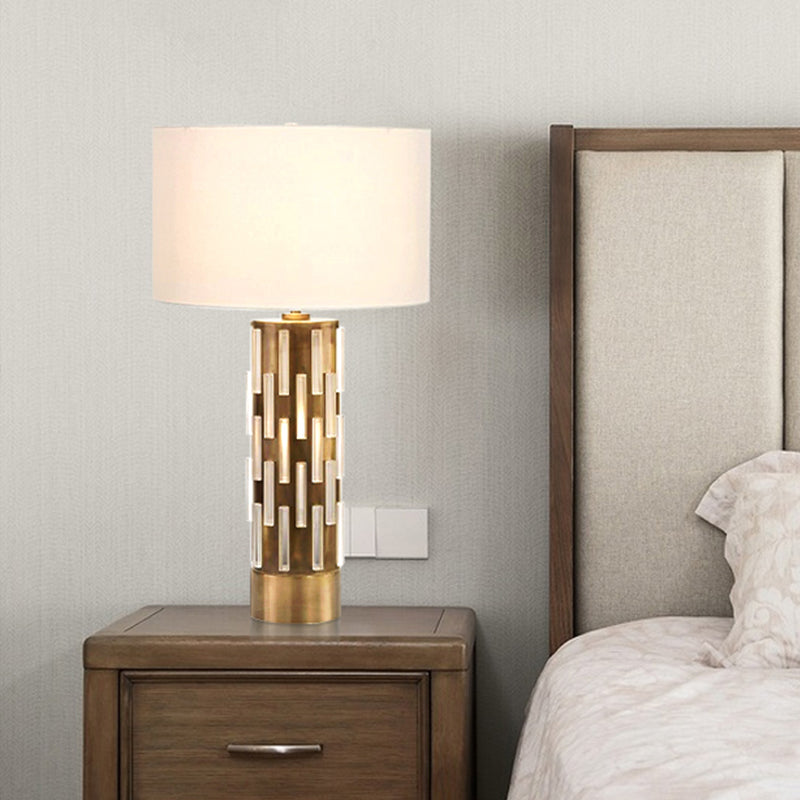 Modern White Drum Shade Table Light With Metal Base - Ideal For Bedside Use