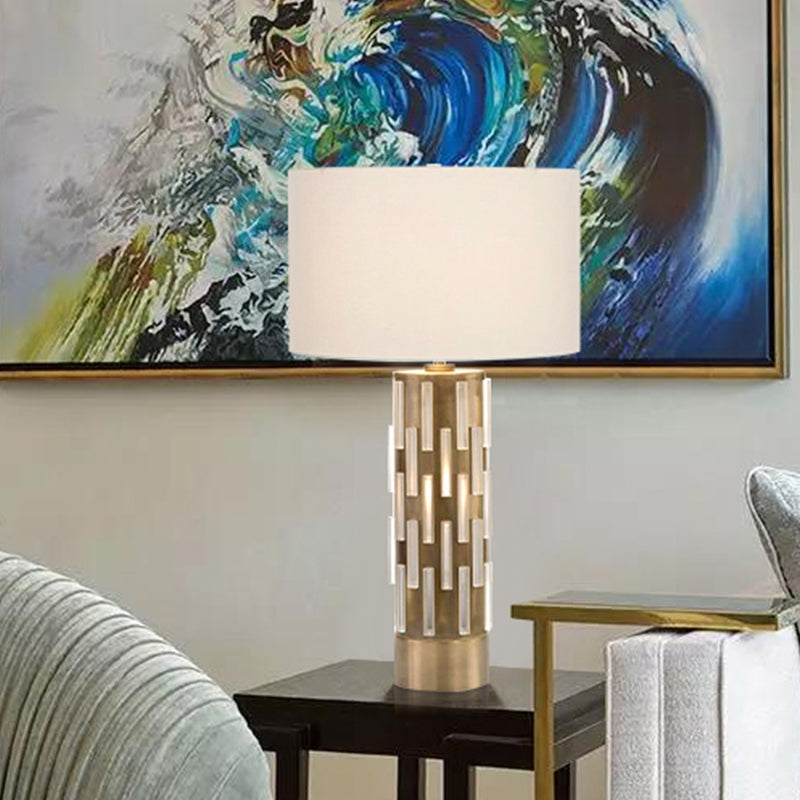 Modern White Drum Shade Table Light With Metal Base - Ideal For Bedside Use