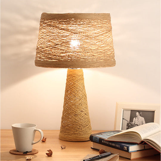 Asian Style Study Room Desk Light: White/Tan Reading Lamp With Rattan Shade