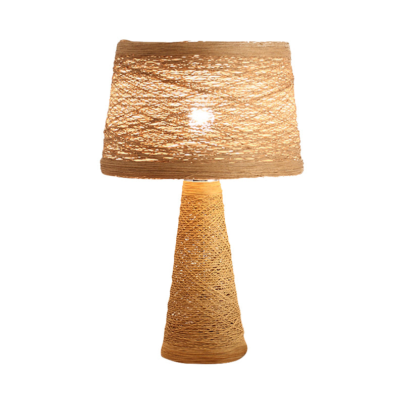 Asian Style Study Room Desk Light: White/Tan Reading Lamp With Rattan Shade