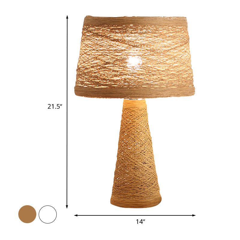 Asian Style Study Room Desk Light: White/Tan Reading Lamp With Rattan Shade