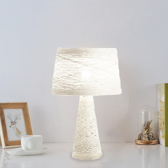 Asian Style Study Room Desk Light: White/Tan Reading Lamp With Rattan Shade