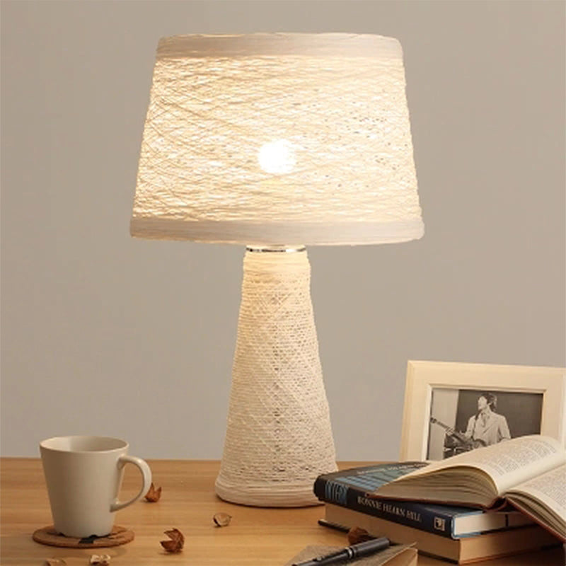 Asian Style Study Room Desk Light: White/Tan Reading Lamp With Rattan Shade