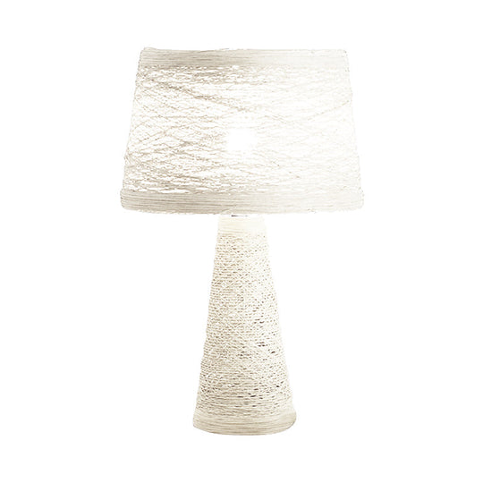 Asian Style Study Room Desk Light: White/Tan Reading Lamp With Rattan Shade