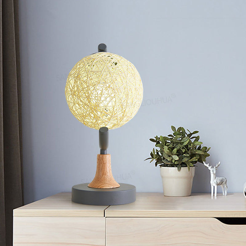 Asia Style Metallic Globe Nightstand Light - White/Grey/Green With Rattan Shade