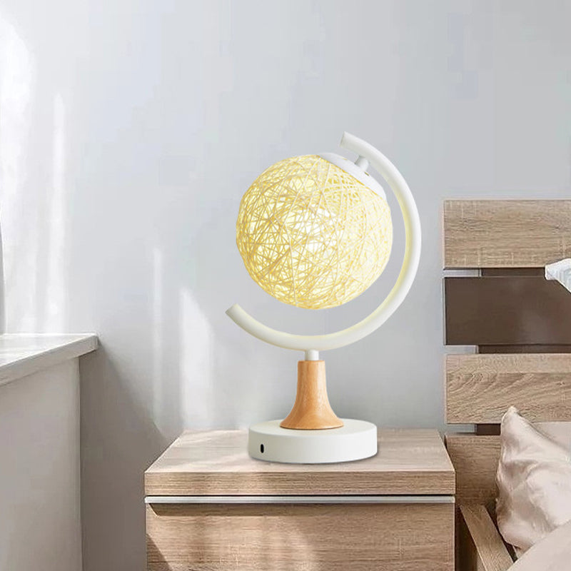 Asia Style Metallic Globe Nightstand Light - White/Grey/Green With Rattan Shade