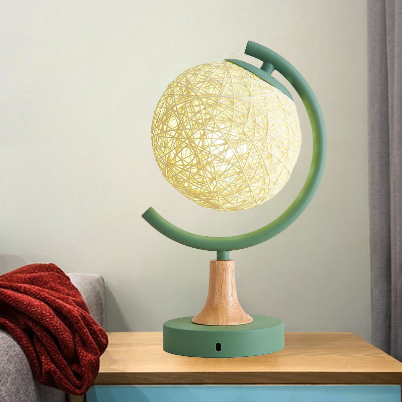 Asia Style Metallic Globe Nightstand Light - White/Grey/Green With Rattan Shade Green