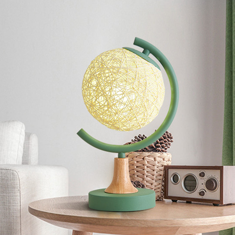 Asia Style Metallic Globe Nightstand Light - White/Grey/Green With Rattan Shade