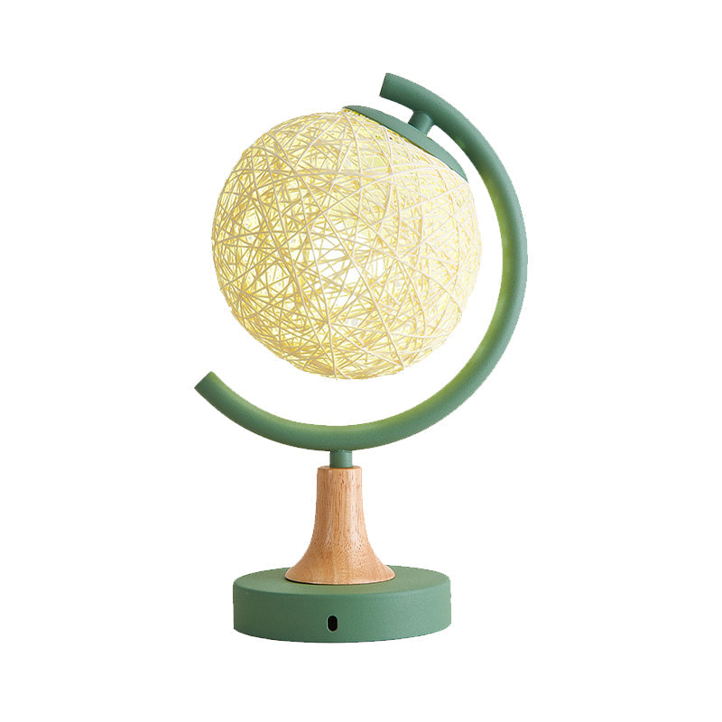 Asia Style Metallic Globe Nightstand Light - White/Grey/Green With Rattan Shade