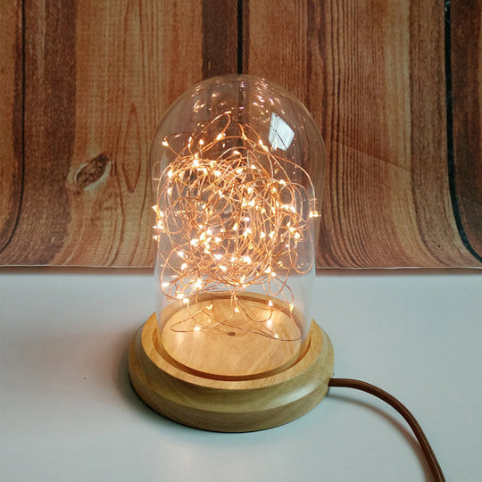 Led Night Table Lamp: Modern Beige Bell Plug-In Light With Clear Glass Shade And Wooden Base