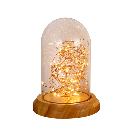 Led Night Table Lamp: Modern Beige Bell Plug-In Light With Clear Glass Shade And Wooden Base