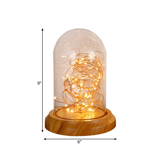 Led Night Table Lamp: Modern Beige Bell Plug-In Light With Clear Glass Shade And Wooden Base