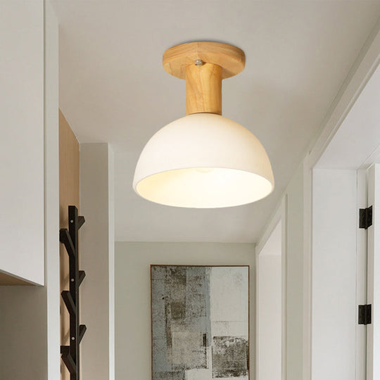 Modern Wood Dome Semi Flush Mount Ceiling Light with 1 White Glass Bulb - Ideal for Corridors