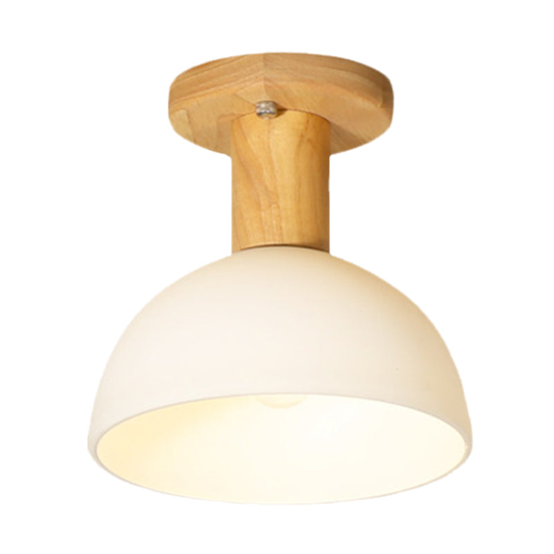 Modern Wood Dome Semi Flush Mount Ceiling Light with 1 White Glass Bulb - Ideal for Corridors