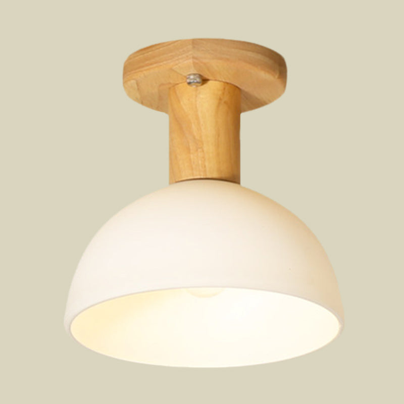 Modern Wood Dome Semi Flush Mount Ceiling Light with 1 White Glass Bulb - Ideal for Corridors