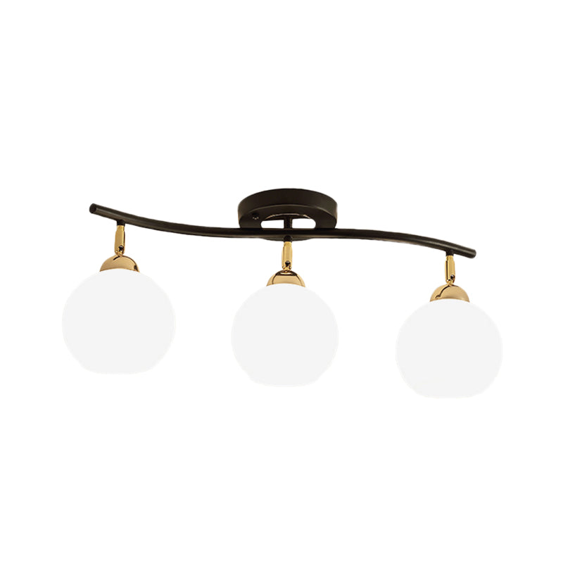 Wave Linear Iron Semi Flush Mount Minimalist Light Fixture with Opal Glass Shade - 3 Heads, White/Black