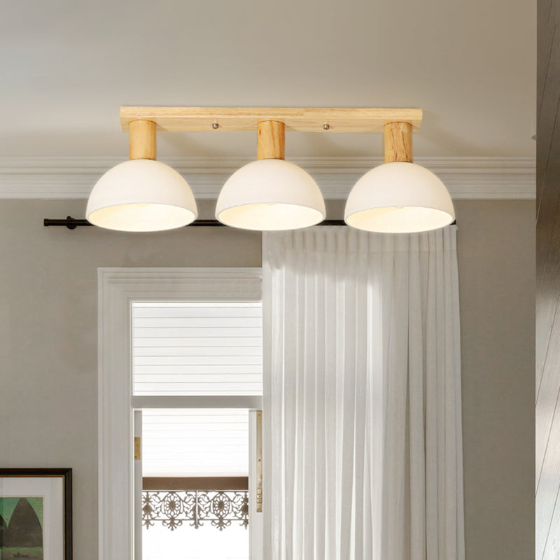 Sleek Domed Semi Flush Modern White Glass Ceiling Lamp With Wood Accents - 3 Linear Heads