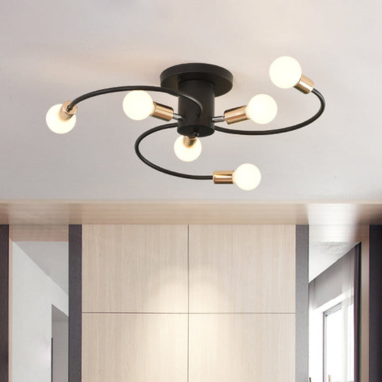 Modern Spiral Arm Semi Flush Lighting | 6-Bulb Black & Gold Ceiling Lamp