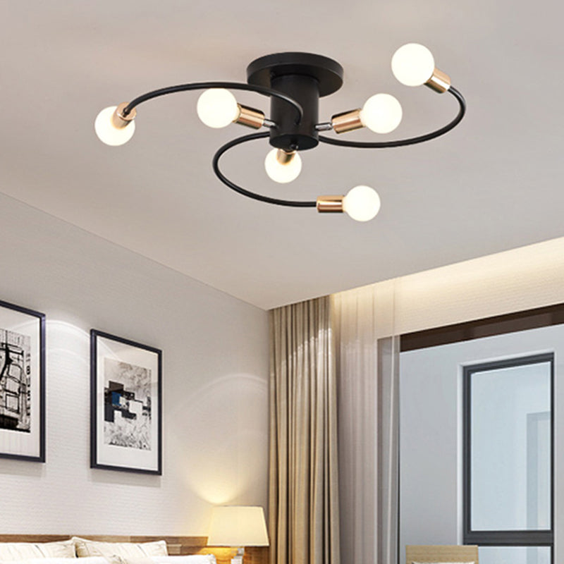 Modern Spiral Arm Semi Flush Lighting | 6-Bulb Black & Gold Ceiling Lamp