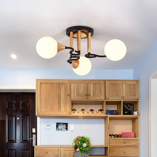 Black & Wood Sphere Semi Flush Mount Light - Modern 3/6 Lights, Opal Glass Ceiling Lamp