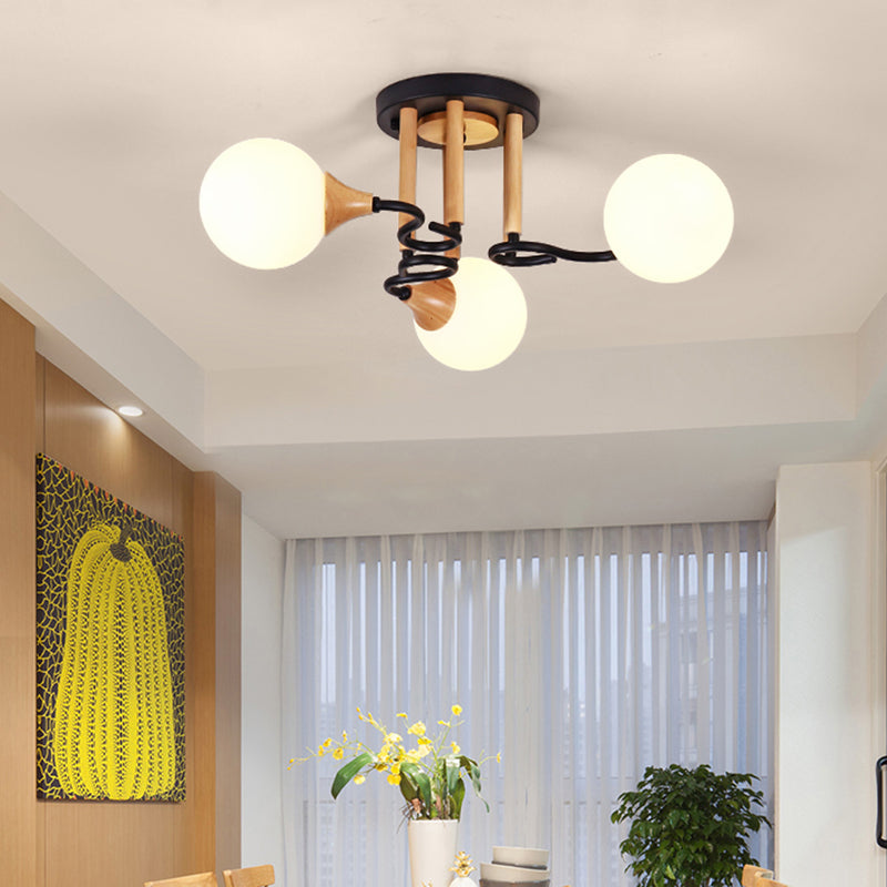 Black & Wood Sphere Semi Flush Mount Light - Modern 3/6 Lights, Opal Glass Ceiling Lamp